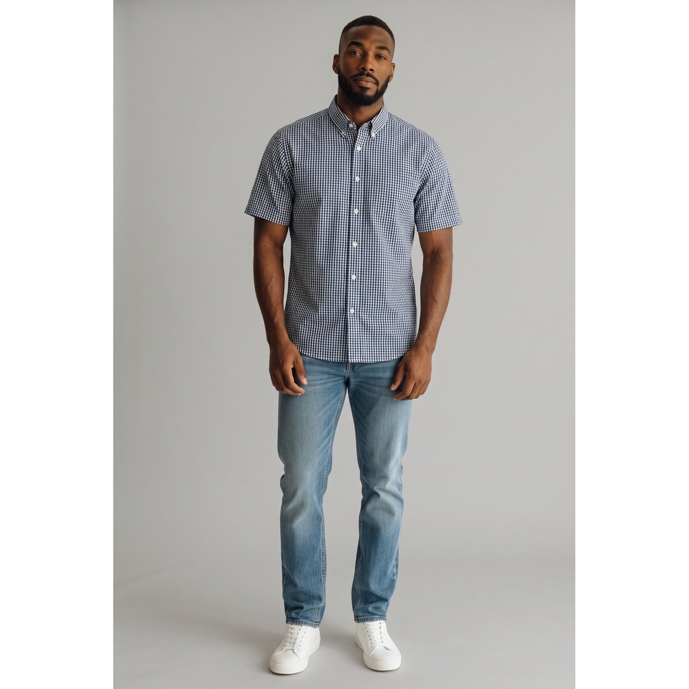 Roundtree & Yorke Mens Large Blue Gingham Check Short Sleeve Button Down Shirt